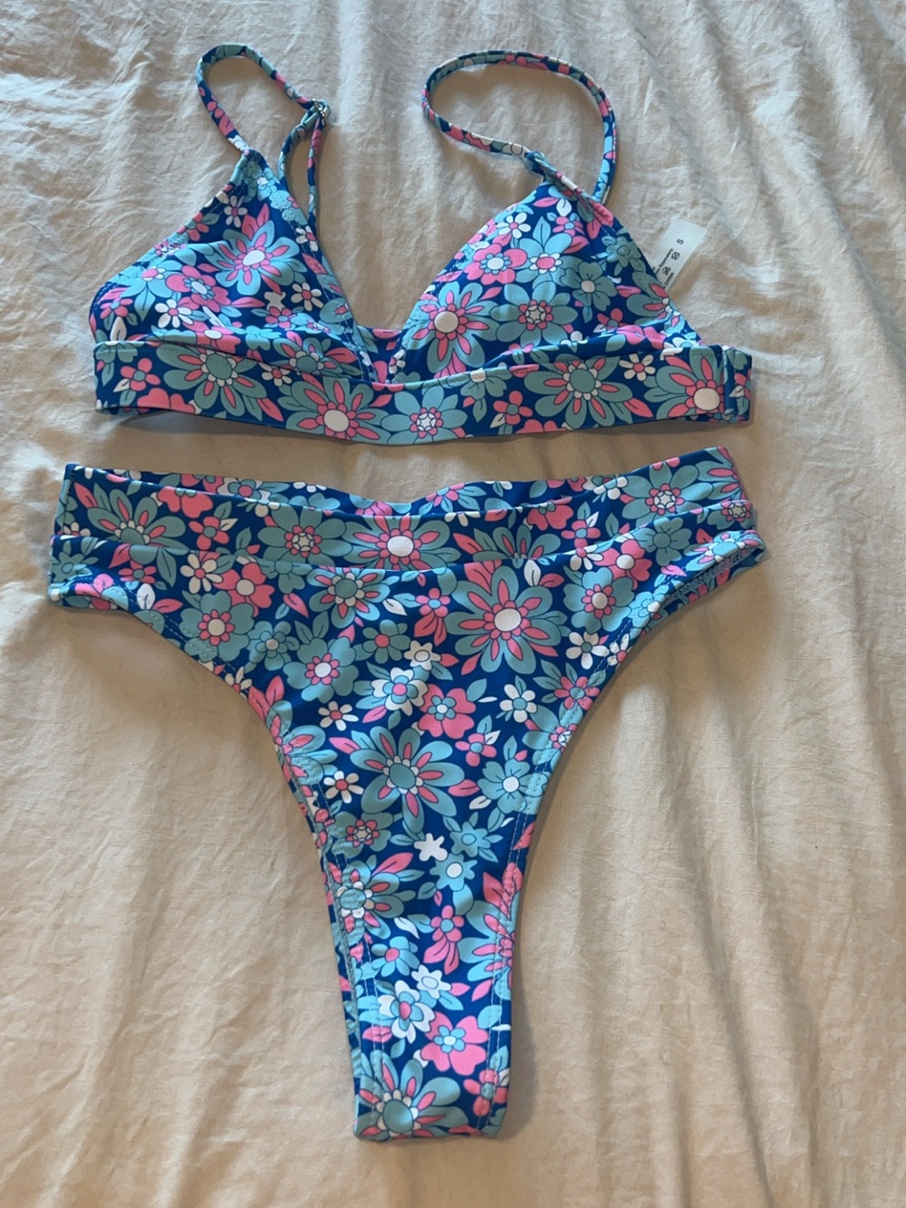 Floral Two-Piece Bikini Set in Navy, Pink & Mint